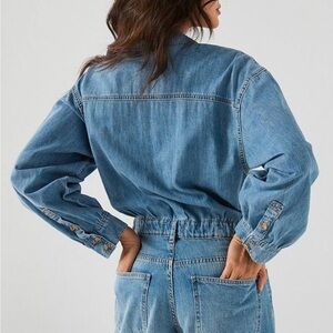 Free People We The Free Dark Wash Denim Long Sleeve Jumpsuit